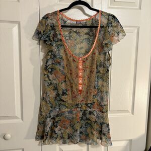 Vtg Free People Women Sheer blouse Ribbon trim black floral Size 10 wood beads